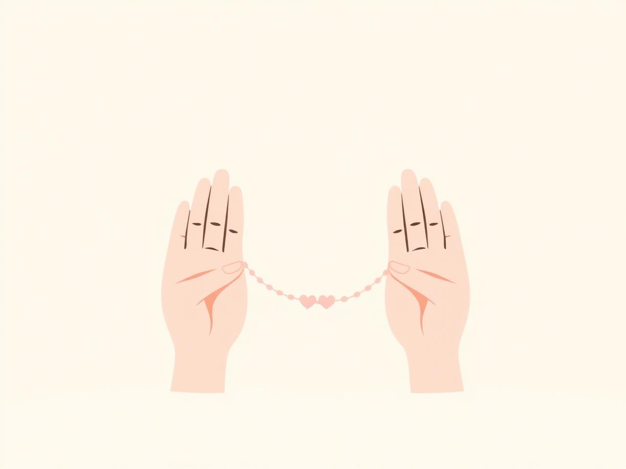 Two hands linked by a small chain of pink hearts